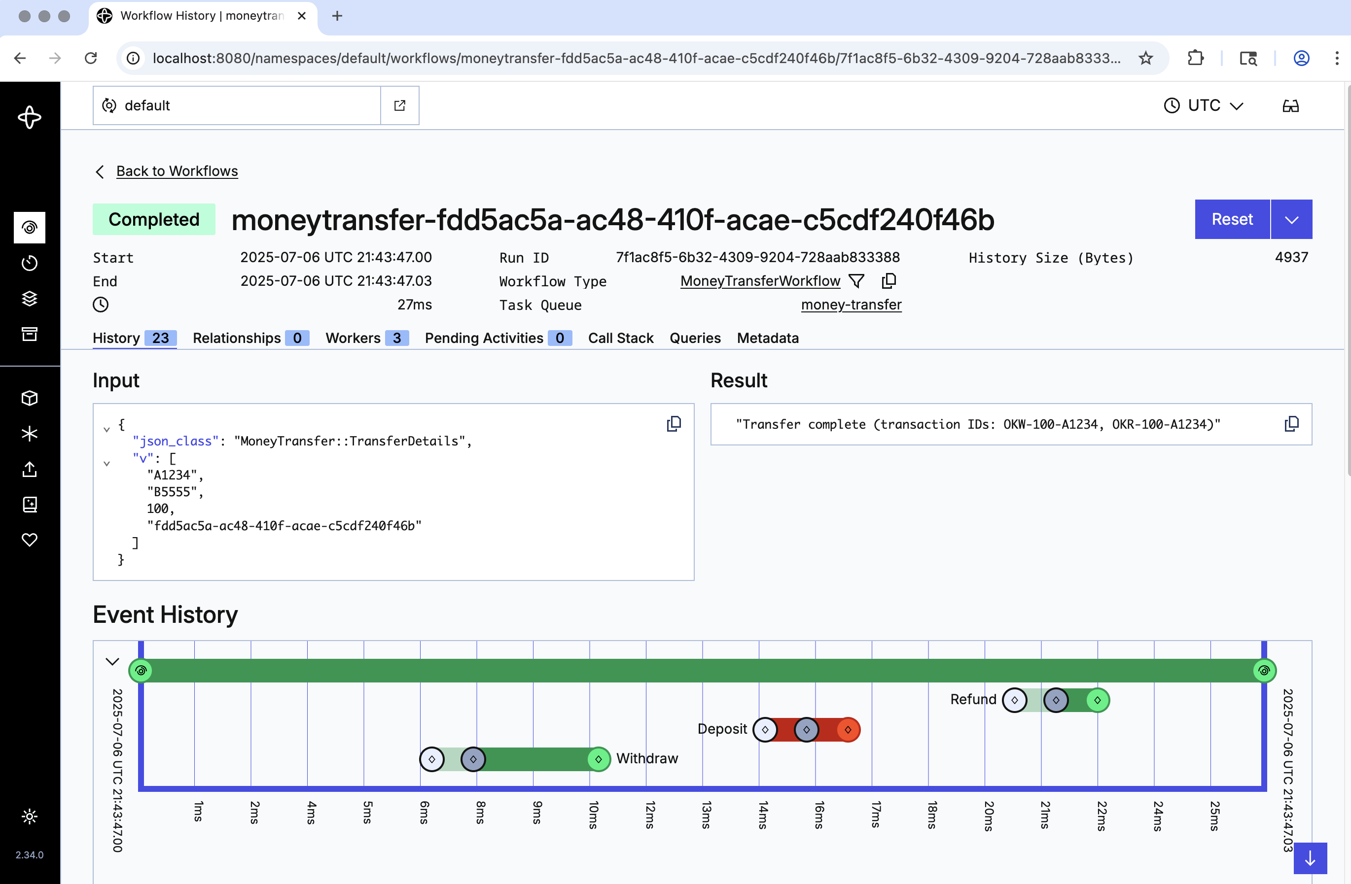 Timeline view in the Web UI showing Refund
